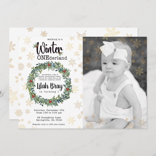 Winter ONEderland First Birthday Photo Invitation (Front/Back)