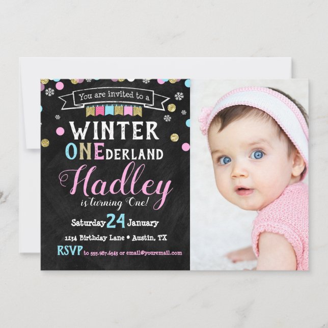 Winter Onederland First Birthday  Photo Invitation (Front)