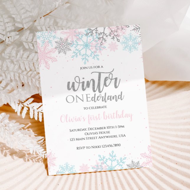 Winter Onederland First Birthday Pink Blue Snow Invitation (Creator Uploaded)