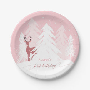 Winter Onederland First Birthday Pink Paper Plate