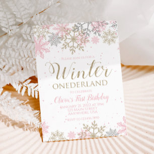 Winter Onederland First Birthday pink snowflake Invitation