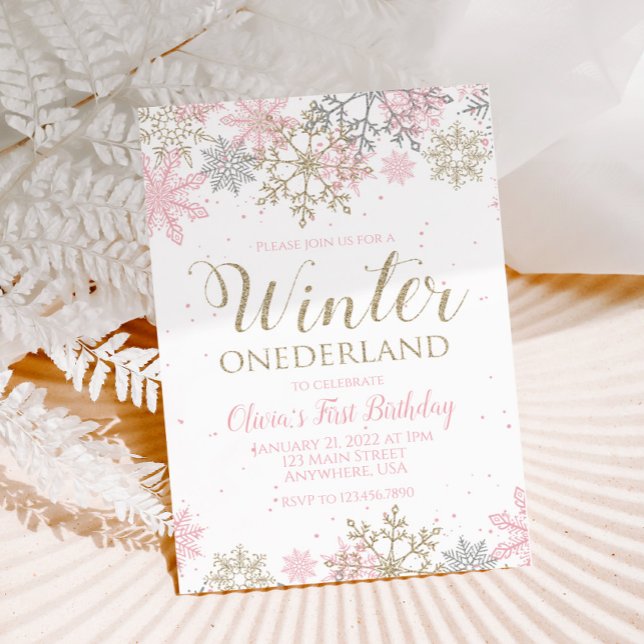 Winter Onederland First Birthday pink snowflake Invitation (Creator Uploaded)