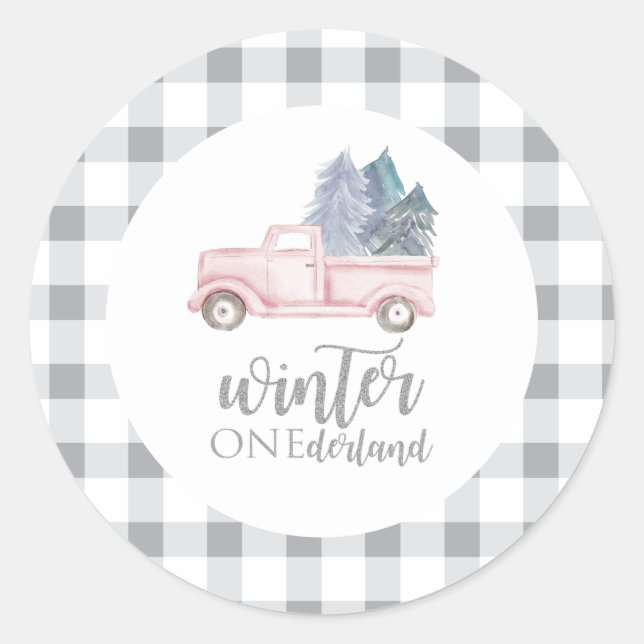 Winter Onederland First Birthday pink truck Classic Round Sticker (Front)