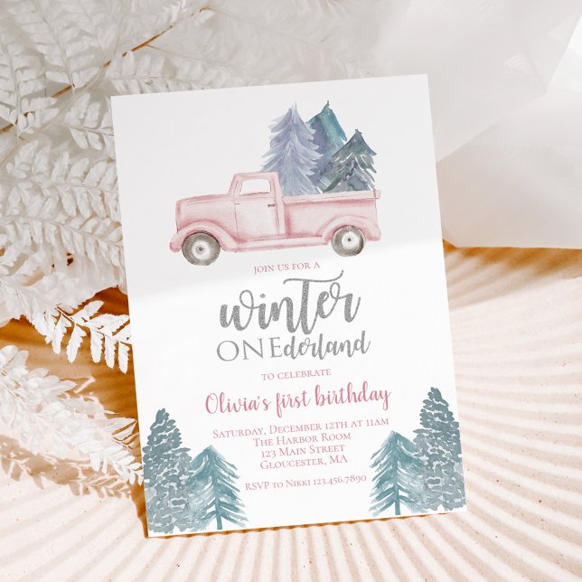 Winter Onederland First Birthday pink truck Invitation (Creator Uploaded)