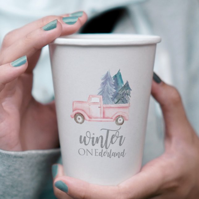 Winter Onederland First Birthday pink truck Paper  Paper Cups (Creator Uploaded)