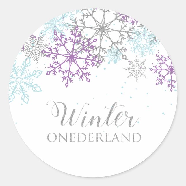 Winter Onederland First Birthday Purple Blue Paper Classic Round Sticker (Front)