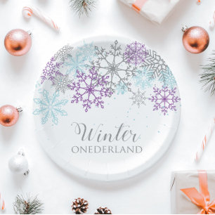 Winter Onederland First Birthday Purple Blue Paper Plate