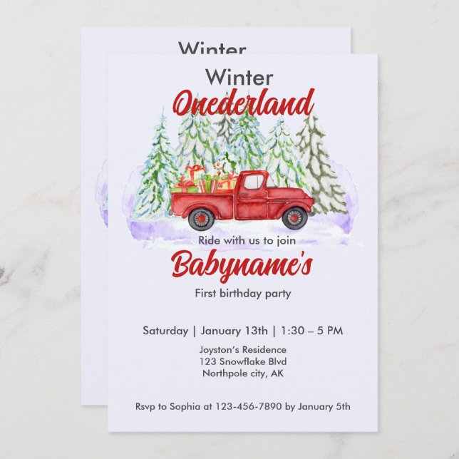 Winter Onederland First Birthday Red Truck Present Invitation (Front/Back)