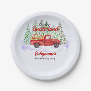 Winter Onederland First Birthday Red Truck Present Paper Plate