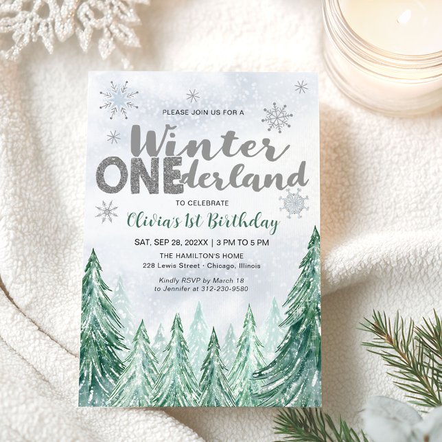 Winter Onederland First Birthday Snowflakes Forest Invitation (Creator Uploaded)