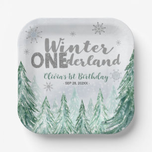 Winter Onederland First Birthday Snowflakes Forest Paper Plate