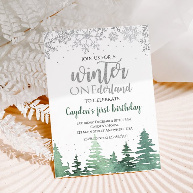 Winter Onederland First Birthday Snowflakes Trees Invitation (Creator Uploaded)