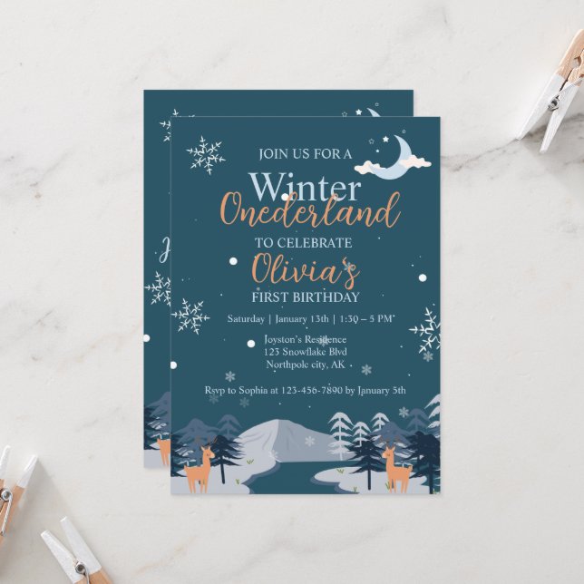 Winter Onederland First Birthday snowy forest Invitation (Front/Back In Situ)
