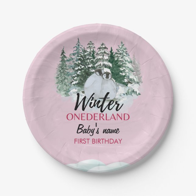 Winter Onederland First Birthday snowy penguin   Paper Plate (Front)