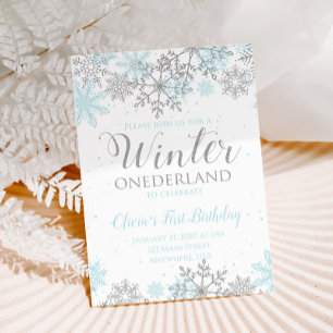 Winter Onederland First Birthday teal snowflakes Invitation