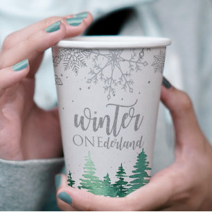 Winter Onederland First Birthday tress snowflakes Paper Cups