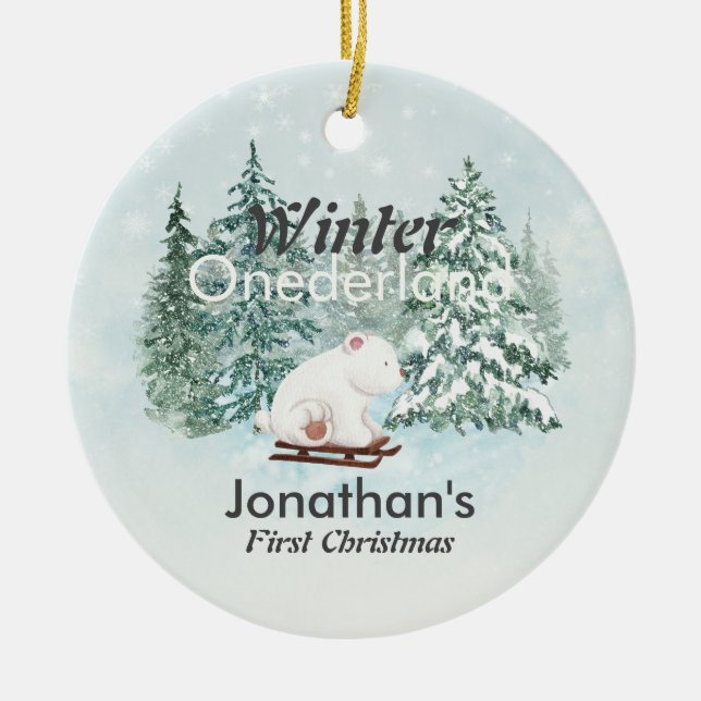 Winter Onederland First Christmas Bear on Sleigh Ceramic Tree Decoration (Front)