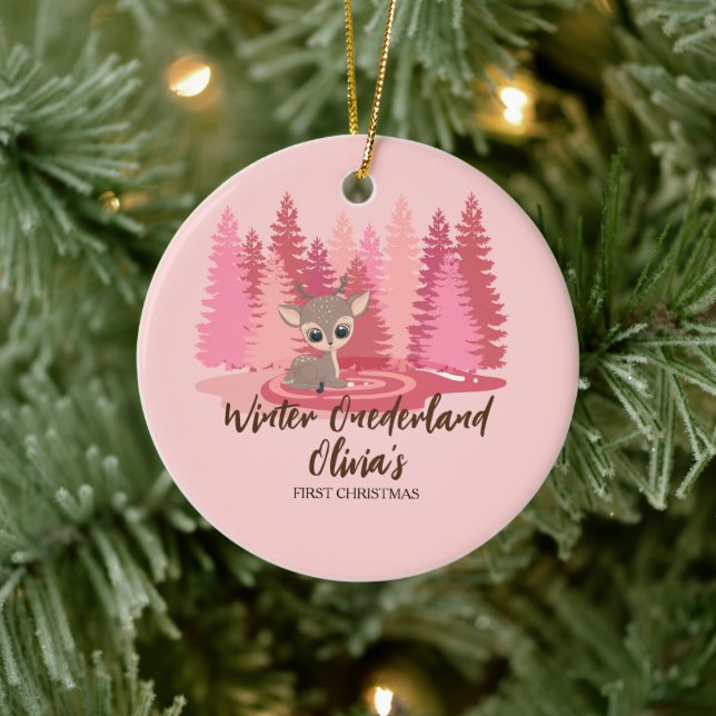 Winter Onederland First Christmas Deer Pink Forest Ceramic Tree Decoration (Tree)