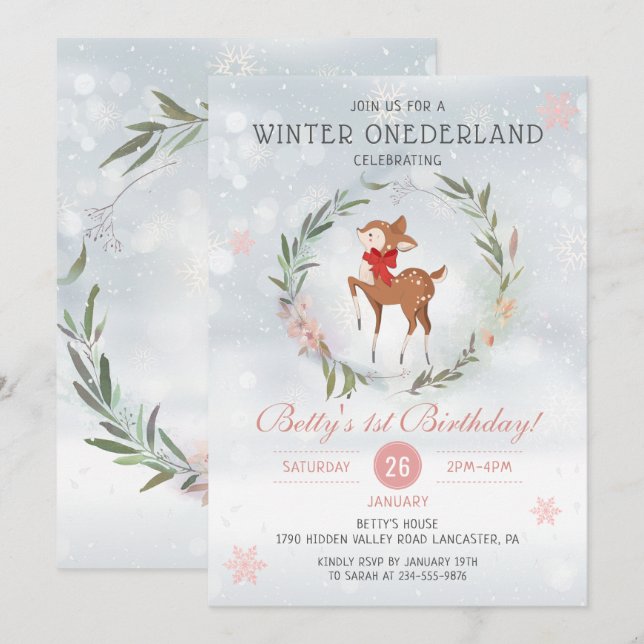 Winter Onederland Floral Deer Baby 1st Birthday Invitation (Front/Back)