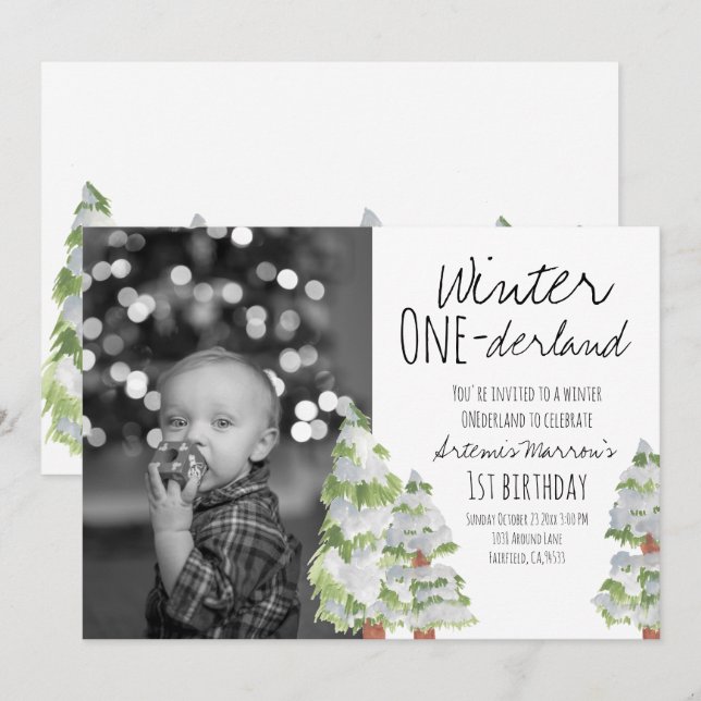 Winter onederland forest 1st birthday party invite (Front/Back)