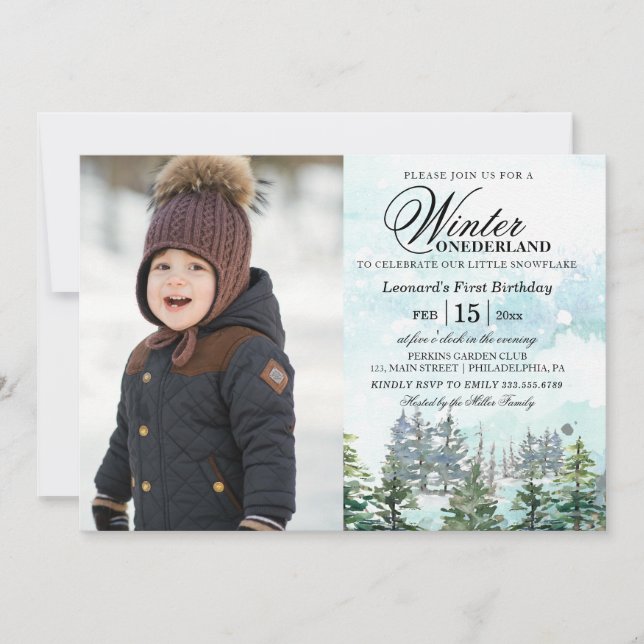 Winter Onederland forest baby first birthday photo Invitation (Front)