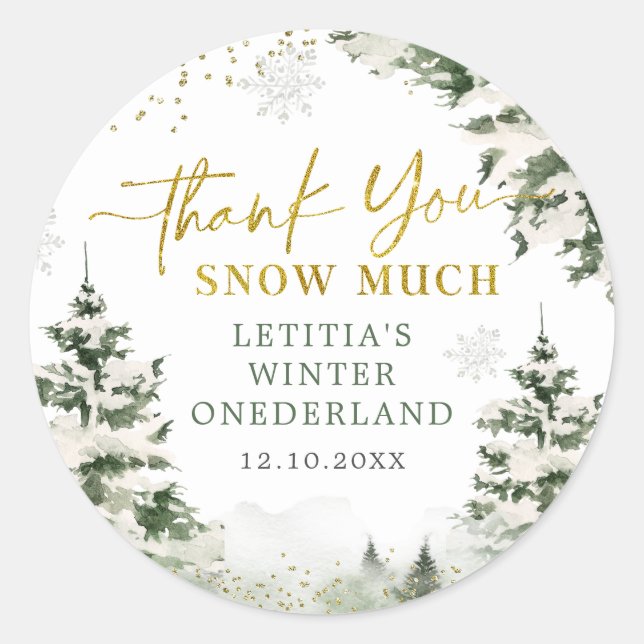 Winter Onederland Forest First Birthday Thank You Classic Round Sticker (Front)