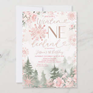 Winter Onederland Forest Pink Snowflake Birthday Invitation