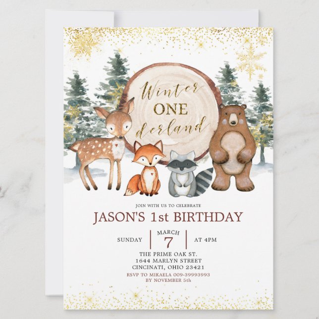 Winter Onederland Forest Woodland Birthday Invite (Front)