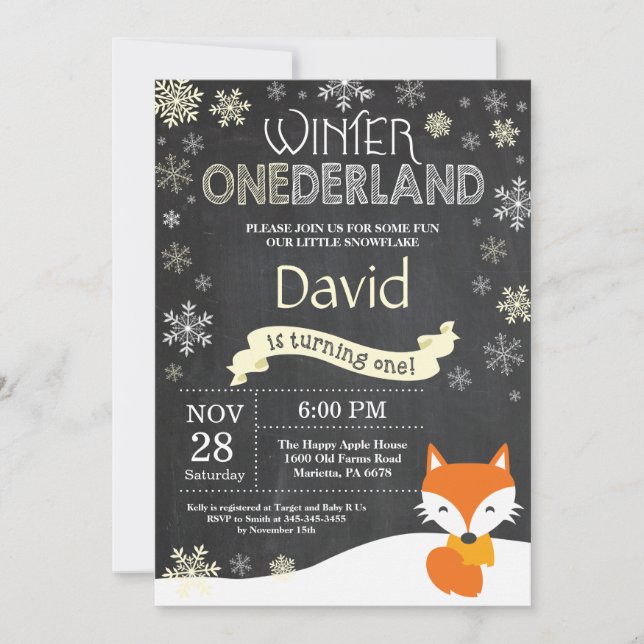 Winter Onederland Fox 1st Birthday Invitation (Front)