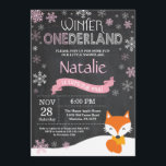 Winter Onederland Fox 1st Birthday Invitation<br><div class="desc">Winter Onederland Fox 1st Birthday Invitation. Fox. Pink and White Snowflake. First Birthday. Girl 1st Bday Invite. Chalkboard Background. Black and White. For further customisation,  please click the "Customise it" button and use our design tool to modify this template.</div>