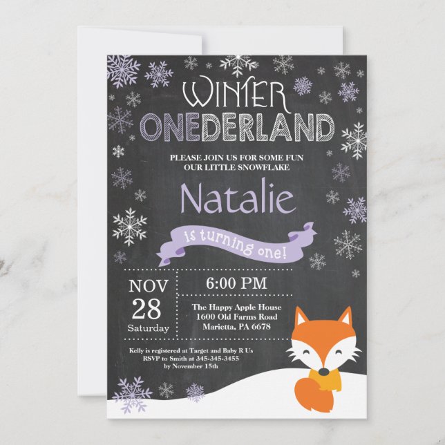 Winter Onederland Fox 1st Birthday Invitation (Front)