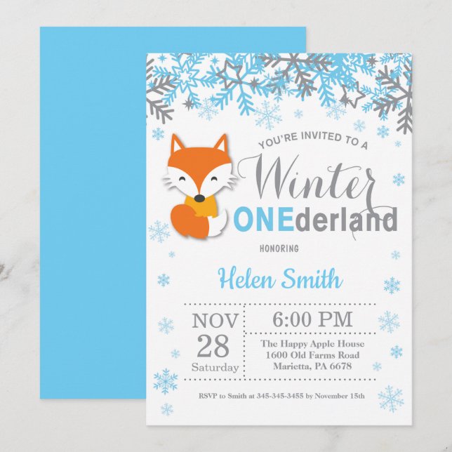 Winter Onederland Fox Boy 1st Birthday Invitation (Front/Back)