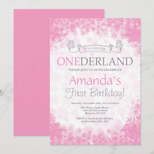 Winter Onederland Girl 1st Birthday Invitation (Front/Back)