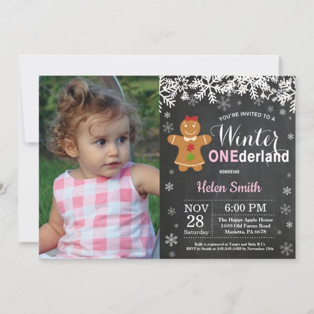 Winter Onederland Girl 1st Birthday Invitation (Front)