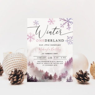 Winter ONEderland Girl 1st Birthday Mountain Invitation