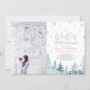 Winter Onederland Girl 1st Birthday Photo Invitation