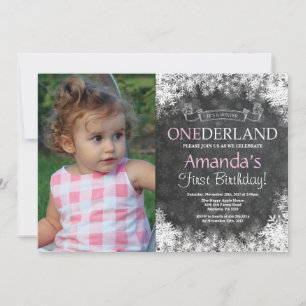 Winter Onederland Girl 1st Birthday Photo Invitation