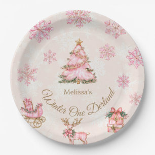 Winter Onederland Girl 1st Birthday Pink Snowflake Paper Plate