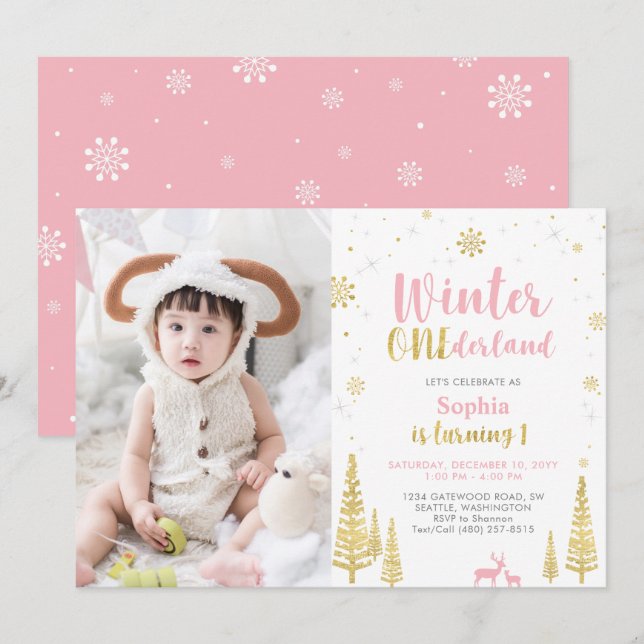 Winter Onederland, Girl 1st Photo Birthday Invitation (Front/Back)