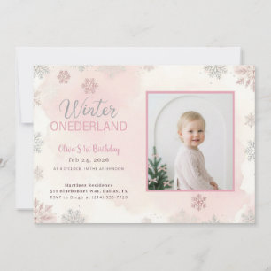 Winter Onederland Girl Photo First Birthday Invitation
