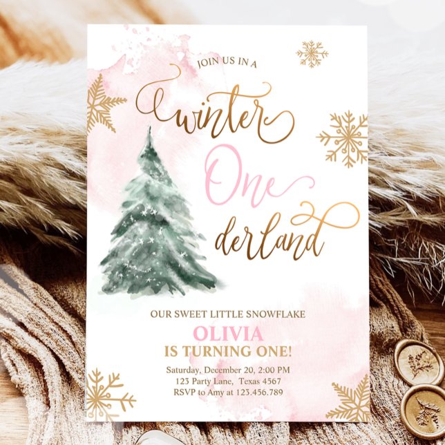 Winter Onederland Girl Pink Gold 1st Birthday Invi Invitation (Creator Uploaded)