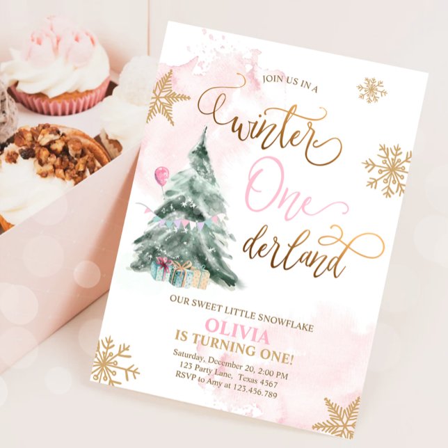Winter Onederland Girl Pink Gold 1st Birthday Invitation (Creator Uploaded)