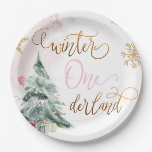 Winter Onederland Girl Pink Gold 1st Birthday Paper Plate