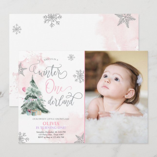 Winter Onederland Girl Pink Winter 1st Birthday Invitation (Front/Back)