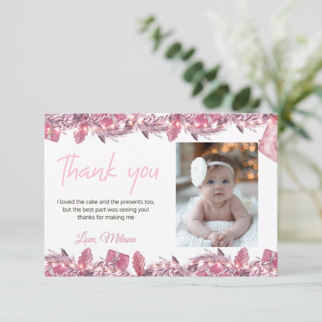 Winter Onederland Girl Thank You Card with Photo (Standing Front)