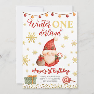 Winter Onederland Gold Gnome Birthday Invitation