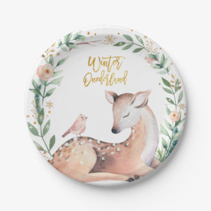 Winter ONEderland Gold Greenery Deer Woodland Paper Plate