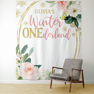 Winter ONEderland Gold Pink Floral Backdrop Tapestry