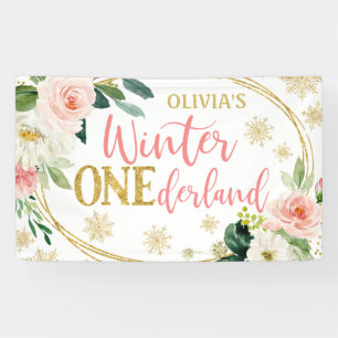 Winter ONEderland Gold Pink Floral Birthday Banner