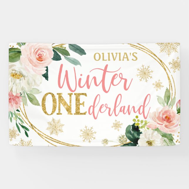 Winter ONEderland Gold Pink Floral Birthday Banner (Horizontal)